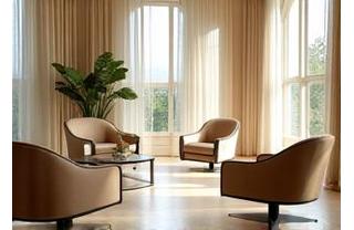 Vue intérieure élégante du salon, fauteuils design et lumière naturelle