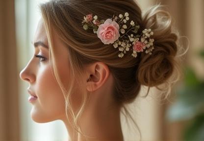 Bridal hair élégante avec accessoire fleuri